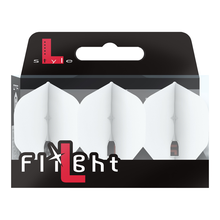 Auf dem Bild ist eine Packung mit drei weißen Dart-Flights zu sehen. Die Verpackung trägt die Aufschrift „L-style Flight“ und ist hauptsächlich schwarz und weiß gestaltet.