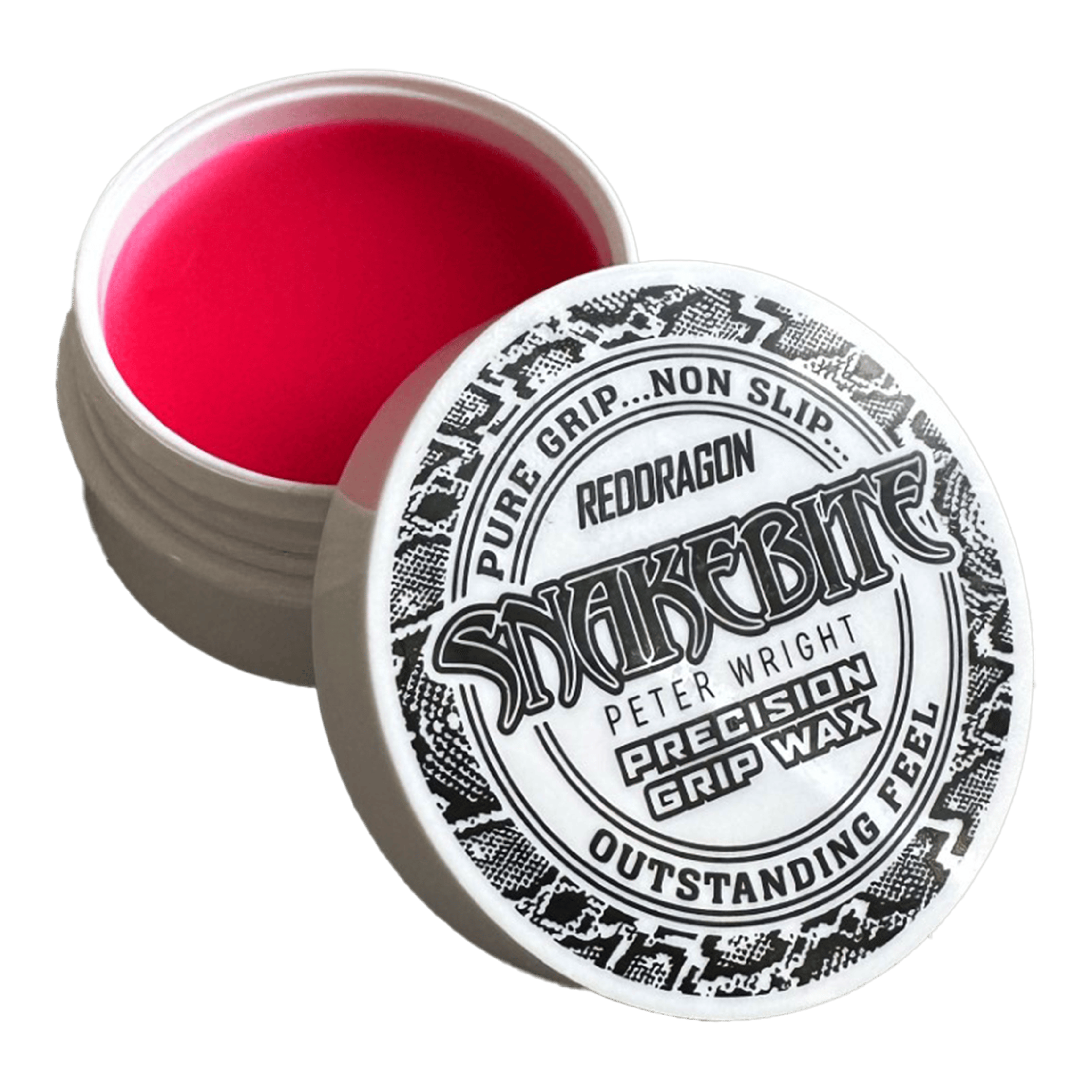 Red Dragon Peter Wright Snakebite Precision Grip Wax finger wax Das Bild zeigt eine geöffnete Dose mit rotem Fingerwachs der Marke "Red Dragon Peter Wright Snakebite Precision Grip Wax". Auf dem Deckel steht, dass das Produkt für einen sicheren, rutschfesten Griff sorgt.