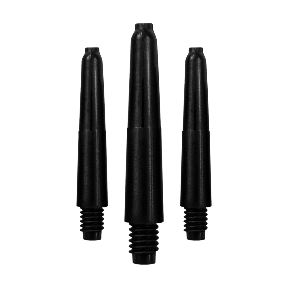565_Nylon_Shafts_mit_Wunschdruck_Schwarz_28mm_1 Das Bild zeigt drei schwarze Nylon-Schäfte, die nebeneinander angeordnet sind. Sie sind als Ersatzteile für Dartpfeile gedacht.