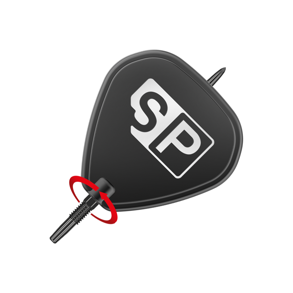 Target Swiss Point Nano Dartspitzen - Black Das Bild zeigt die Target Swiss Point GRD Black Dartspitzen. Die Dartspitze ist schwarz und trägt das weiße "SP"-Logo.