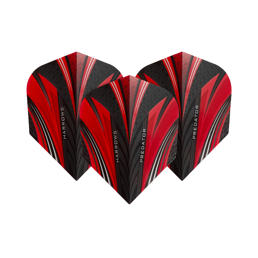 Das Bild zeigt drei Dart-Flights des Modells „Harrows Prime Predator Rot No2 Standard“. Die Flights sind in den Farben Rot, Schwarz und Weiß mit einem modernen Muster gestaltet.