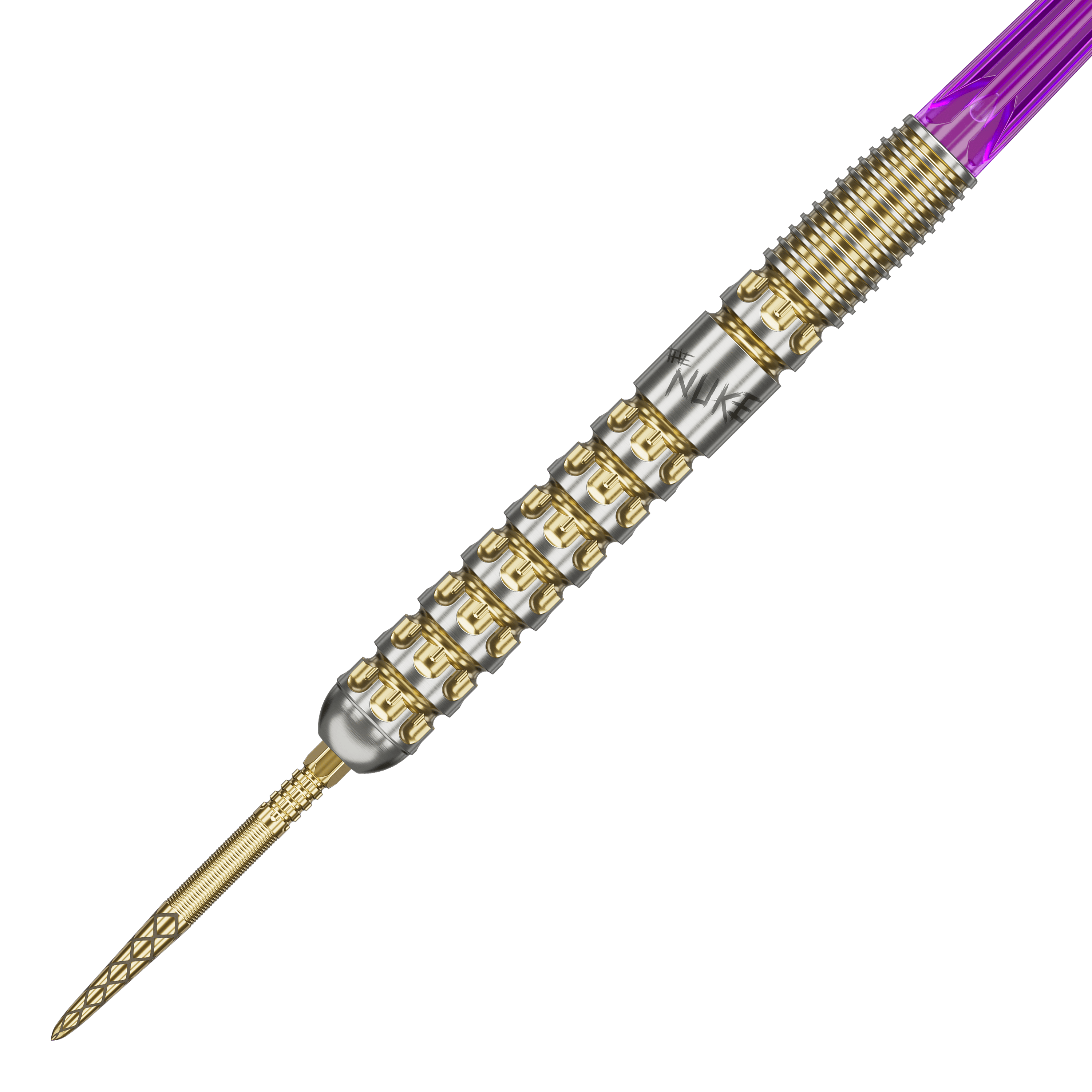 Target Luke Littler GEN1 Prodigy Swiss Point Steel Darts Das Bild zeigt einen Target Luke Littler GEN1 Prodigy Swiss Point Steeldart. Der Dartpfeil hat goldene und silberne Akzente sowie einen violetten Schaft.