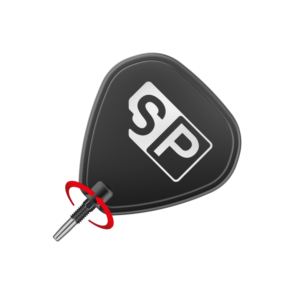 Target Swiss Diamond Pro Black Points dart tips Das Bild zeigt eine schwarze Dartspitze mit dem weißen Aufdruck "SP". Ein roter Pfeil deutet auf eine Drehbewegung hin, vermutlich zum Anbringen oder Entfernen der Spitze.