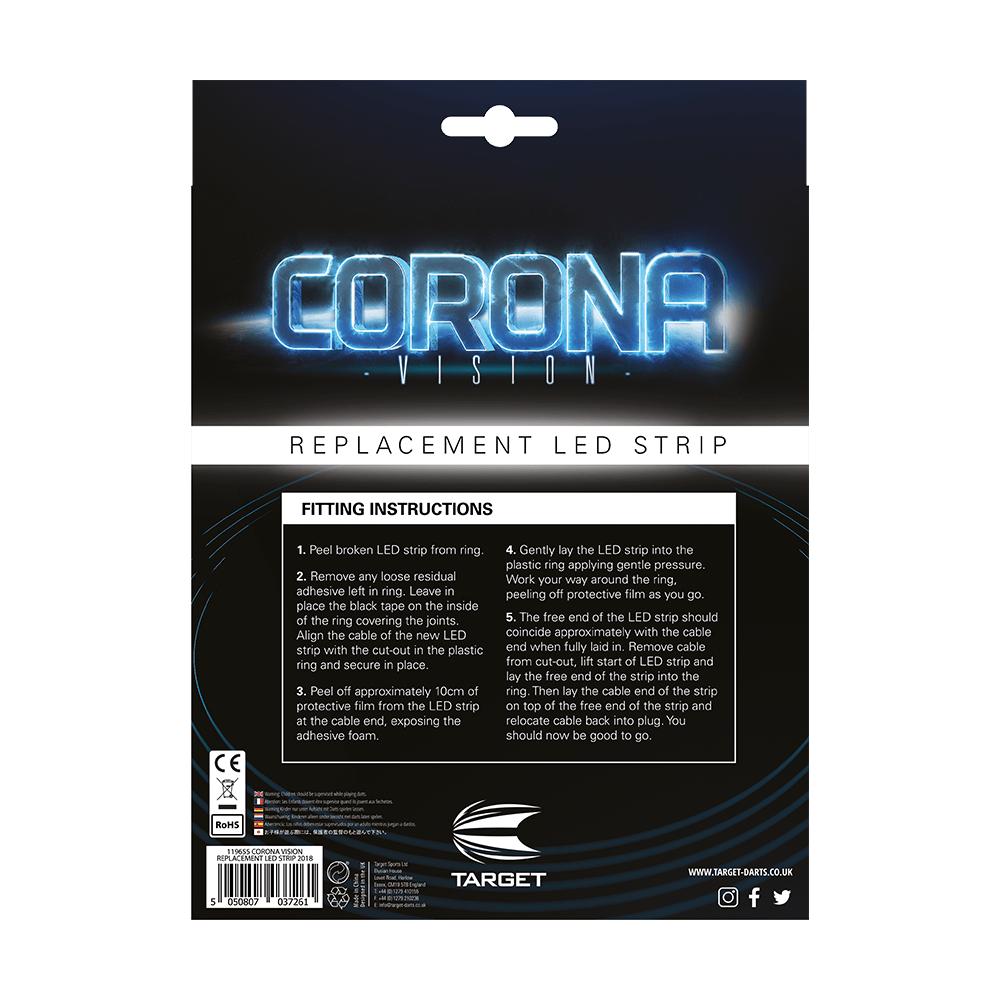 119655_Target-Corona-Ersatzteil-LED-Band-5 Das Bild zeigt die Verpackung des Produkts "Target CORONA Vision Ersatzteil LED-Band". Auf der Rückseite sind die Montageanleitungen für den Austausch des LED-Bandes abgedruckt.