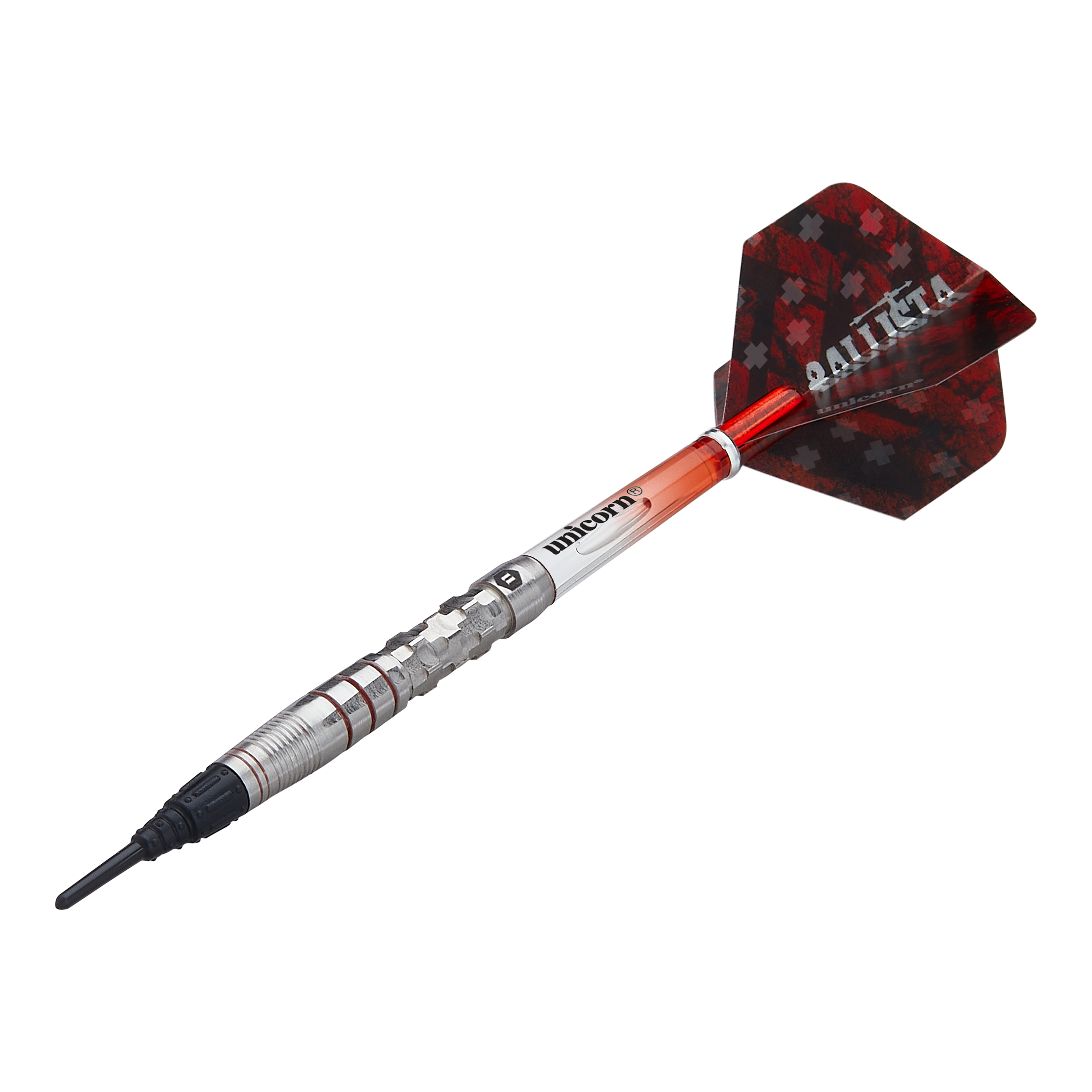 Unicorn Ballista Style 3 soft darts Das Bild zeigt einen Softdart der Marke Unicorn Ballista Style 3. Der Dart hat einen silbernen Schaft und rote Flügel mit einem Muster und der Aufschrift "BALLISTA".