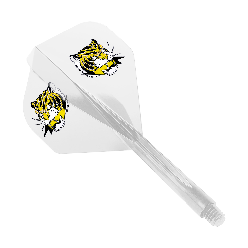 Das Bild zeigt das Produkt "Condor AXE Inazuma Tiger Mix Flight-System Yellow Clear - Standard". Auf dem weißen Flight sind zwei gelbe Tigerköpfe abgebildet.