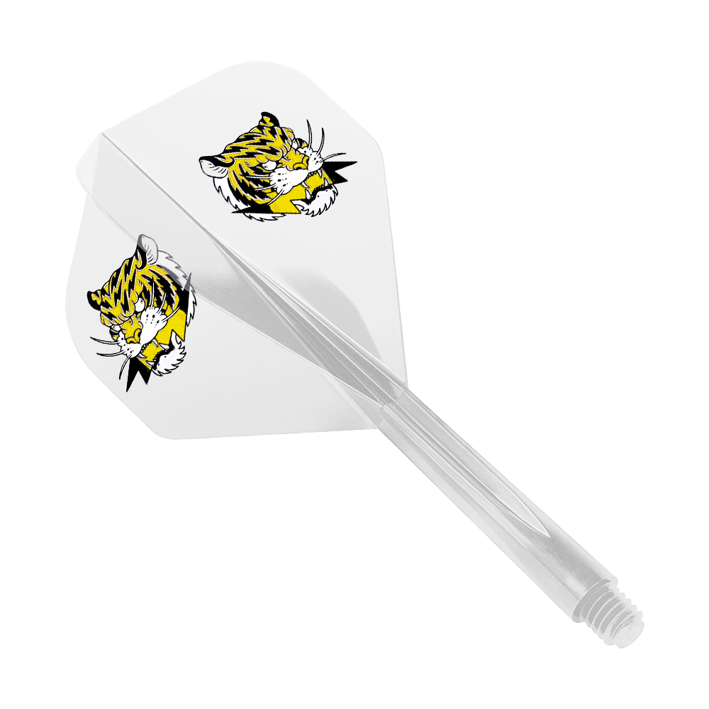 Condor AX Inazuma Tiger Mix Flight System Yellow Clear - Standard Das Bild zeigt das Produkt "Condor AXE Inazuma Tiger Mix Flight-System Yellow Clear - Standard". Auf dem weißen Flight sind zwei gelbe Tigerköpfe abgebildet.