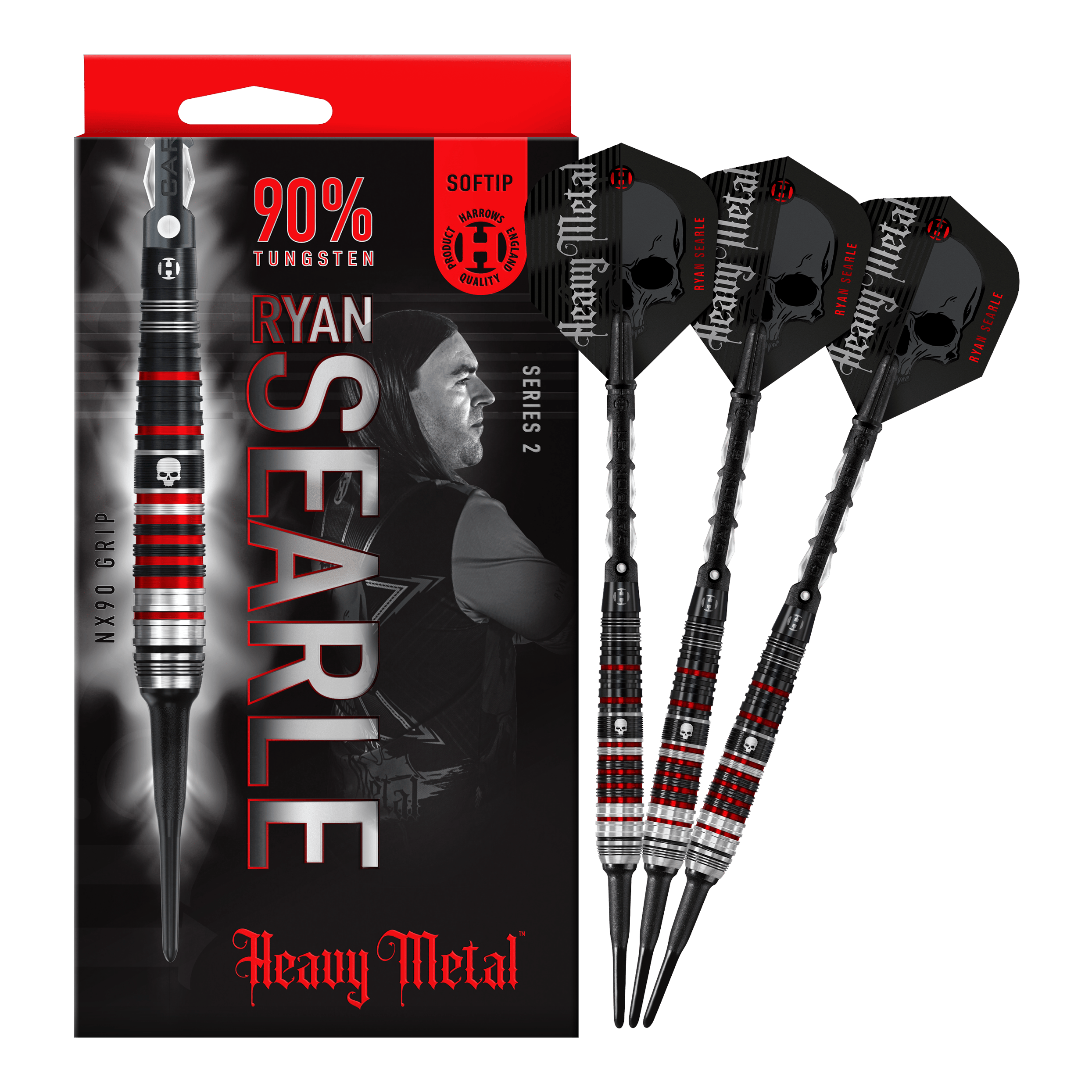 Harrow's Ryan Searle Heavy Metal Series 2 soft darts Das Bild zeigt die "Harrows Ryan Searle Heavy Metal Series 2 Softdarts" mit einer Verpackung und drei Darts. Die Darts bestehen zu 90 % aus Wolfram und haben ein schwarzes und rotes Design mit Totenkopf-Motiv.