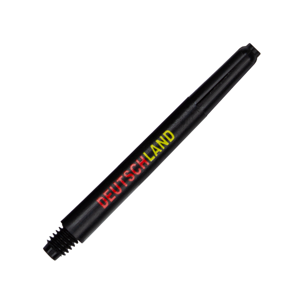 792_Nylon_Shafts_Deutschland_48mm_2 Das Bild zeigt einen schwarzen Nylon Shaft mit der Aufschrift "DEUTSCHLAND" in den Farben der deutschen Flagge. Der Shaft hat ein Schraubgewinde am unteren Ende.