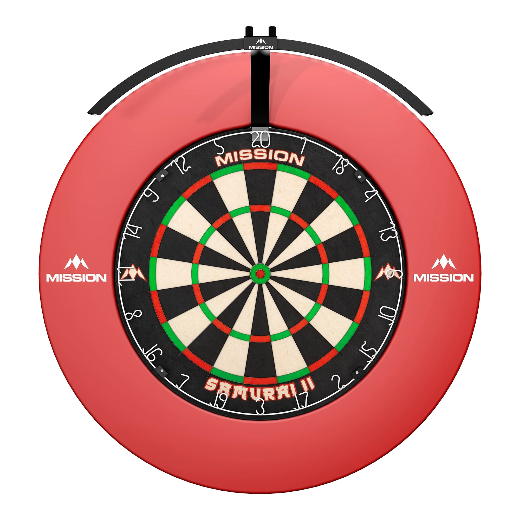 Mission Torus 100 Foldable LED Dartboard Lighting Das Bild zeigt ein rundes, beleuchtetes LED-Dartboard mit der Aufschrift "Mission Torus 100" und "Samurai II" in der Mitte. Das Dartboard ist von einem roten Schutzring mit dem Mission-Logo umgeben.