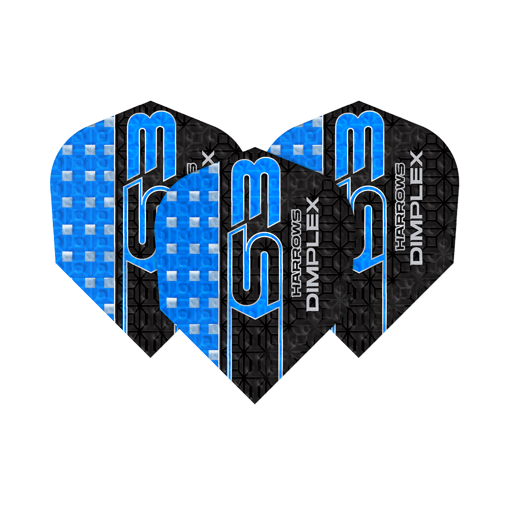 Harrows Dimplex S3 Flights - Blue Das Bild zeigt drei blaue Harrows Dimplex S3 Flights für Darts. Die Flights haben ein auffälliges Design mit blauen und schwarzen Mustern sowie der Aufschrift "S3" und "Dimplex".
