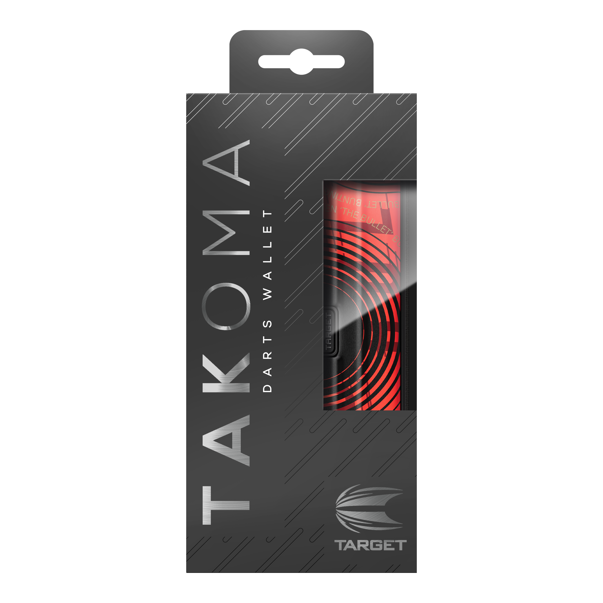 Target Takoma Stephen Bunting dart case Die Abbildung zeigt die Verpackung des Produktes „Target Takoma Stephen Bunting Dartcase“. Das Etui ist rot-schwarz gestaltet und befindet sich in einer eleganten, schwarzen Box mit Sichtfenster.