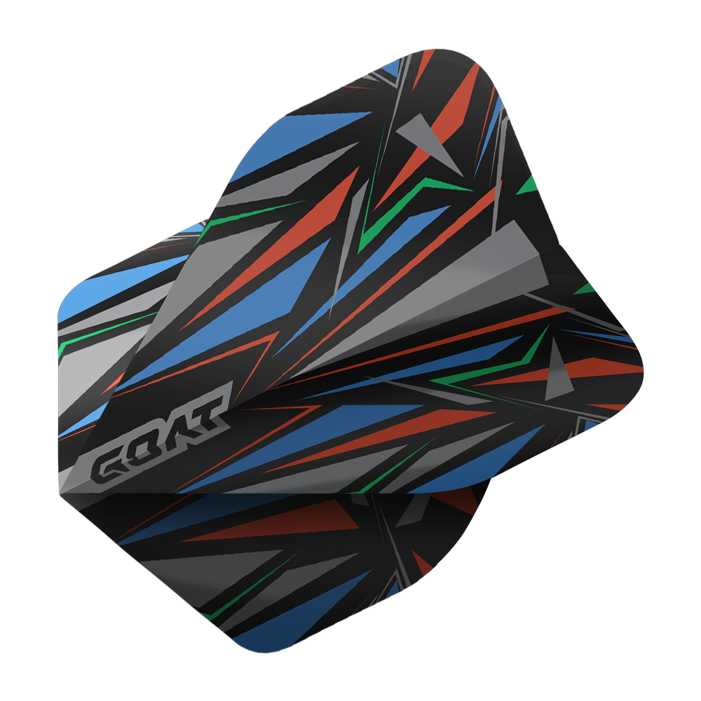 GOAT Athlete Black No2 Standard Flights Das Bild zeigt das Produkt "GOAT Athlete Black No2 Standard Flights". Das Flight hat ein auffälliges, geometrisches Muster in Schwarz, Blau, Rot, Grün und Grau.