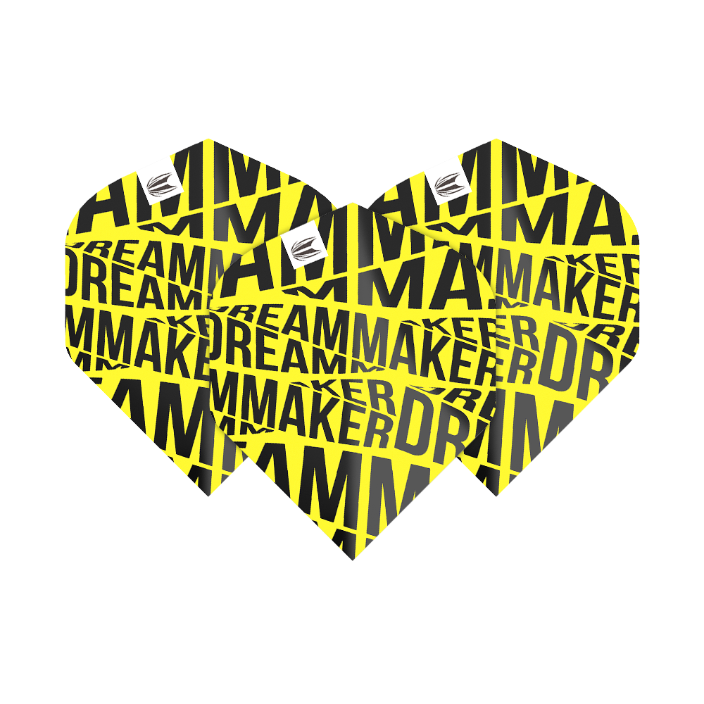 Das Bild zeigt drei gelbe Dart-Flights mit schwarzem Schriftzug "DREAMMAKER". Es handelt sich um die Target Pro Ultra Dimitri Van Den Bergh Yellow No2 Standard Flights.