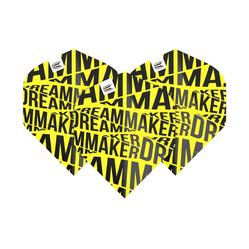 TG81_336570_Target_Pro_Ultra_Dimitri_Van_Den_Bergh_Yellow_No2_Standard_Flights_18hFQT9EUOlowU Das Bild zeigt drei gelbe Dart-Flights mit schwarzem Schriftzug "DREAMMAKER". Es handelt sich um die Target Pro Ultra Dimitri Van Den Bergh Yellow No2 Standard Flights.