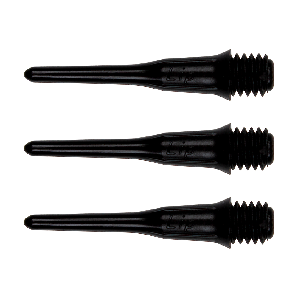 SLIP-BK-Short_Lippoints_50er_Black_1 Das Bild zeigt drei schwarze Short Lippoints Spitzen mit Gewinde. Diese Spitzen sind Ersatzteile für Dartpfeile.