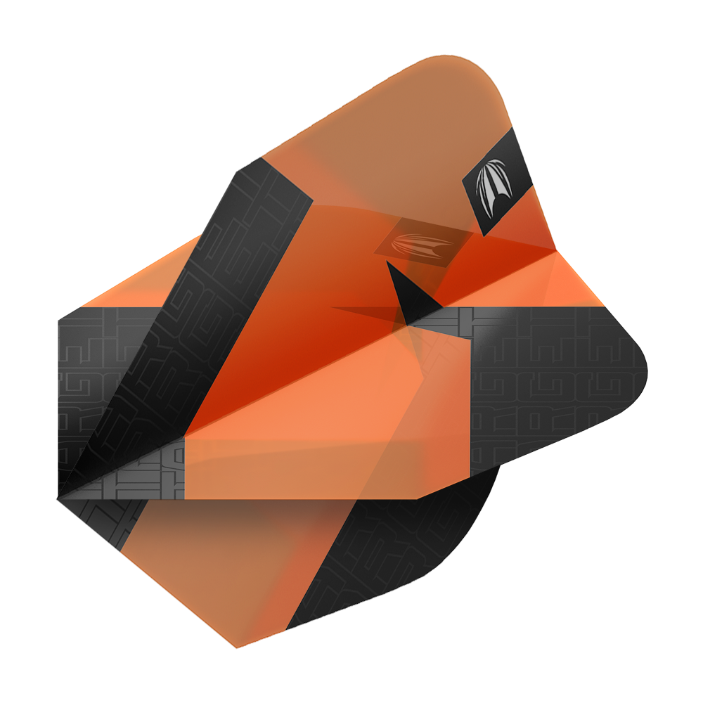 Target Pro Ultra TAG Orange Ten-X Standard Flights - 3 sets Das Bild zeigt ein orange-schwarzes Dart-Flight mit geometrischem Muster. Es handelt sich um das Produkt "Target Pro Ultra TAG Orange Ten-X Standard Flights - 3 Sets".