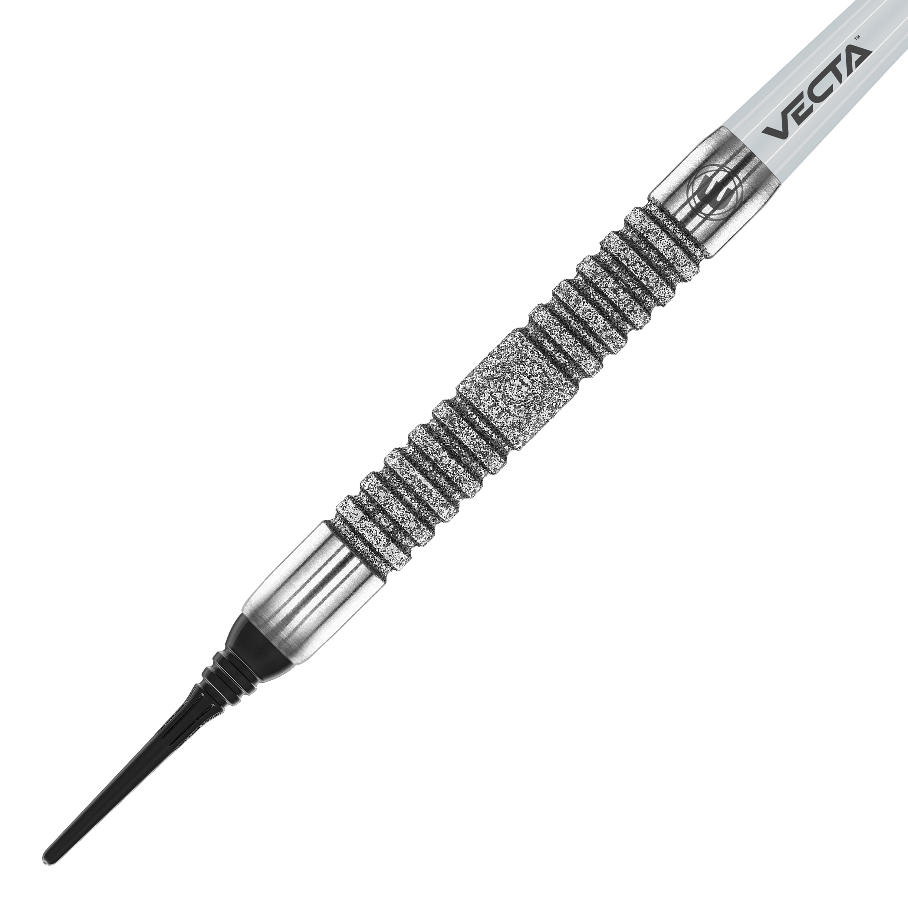 Winmau Jules Van Dongen soft darts - 20g Das Bild zeigt den Winmau Jules Van Dongen Softdart mit einem Gewicht von 20g. Der Dart hat ein silbernes, geriffeltes Griffstück und eine schwarze Spitze.