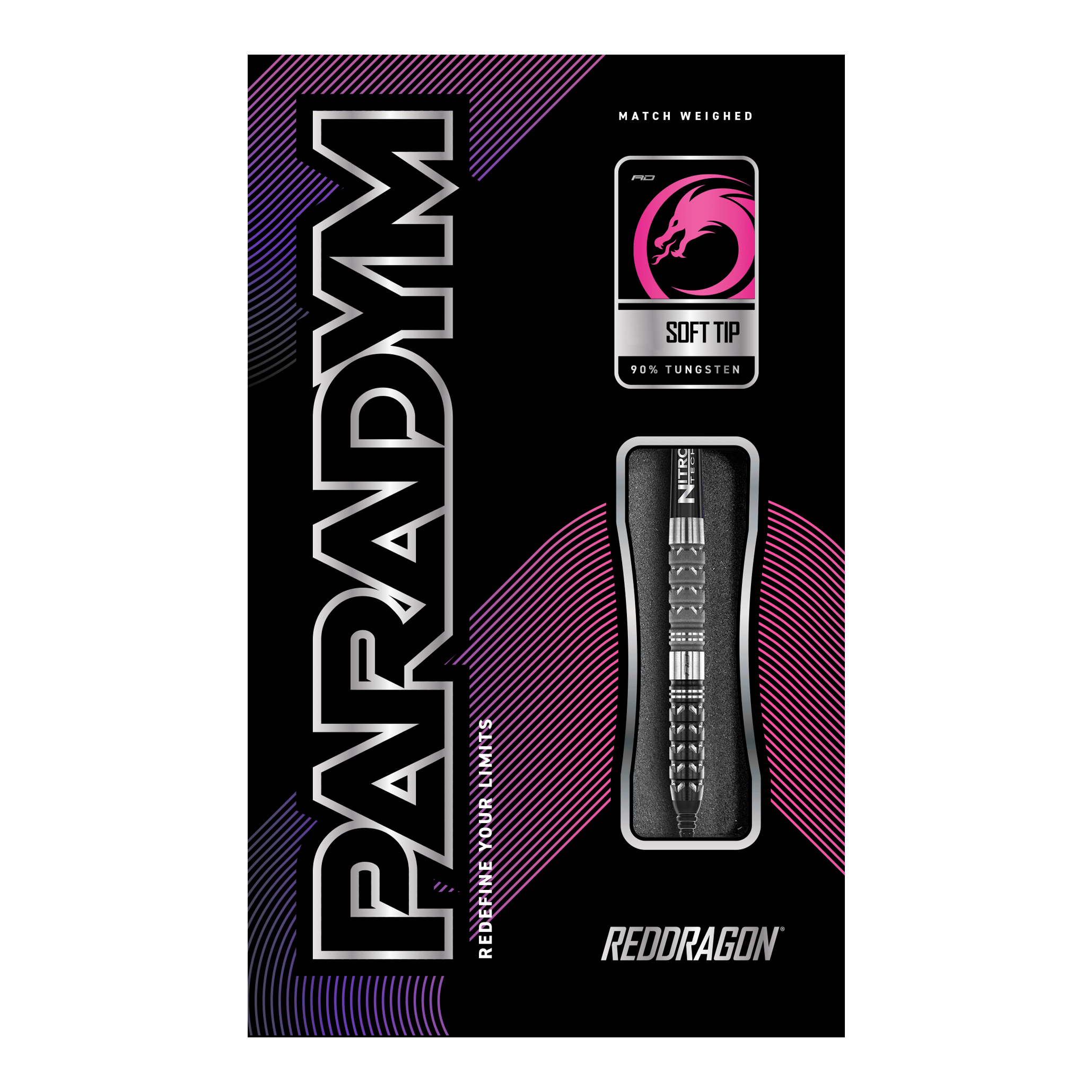 Red Dragon Paradym Tapered Soft Darts - 20g Das Bild zeigt die Verpackung der "Red Dragon Paradym Tapered Softdarts - 20g". Die Verpackung ist schwarz mit auffälligen pinken und silbernen Akzenten und zeigt den Dartpfeil und das Red Dragon Logo.