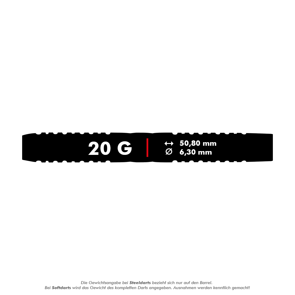 Red Dragon Gerwyn Price Iceman Midnight Edition Soft Darts - 20g Das Bild zeigt einen schwarzen Dart mit der Aufschrift "20 G". Zusätzlich sind die Maße 50,80 mm Länge und 6,30 mm Durchmesser angegeben.