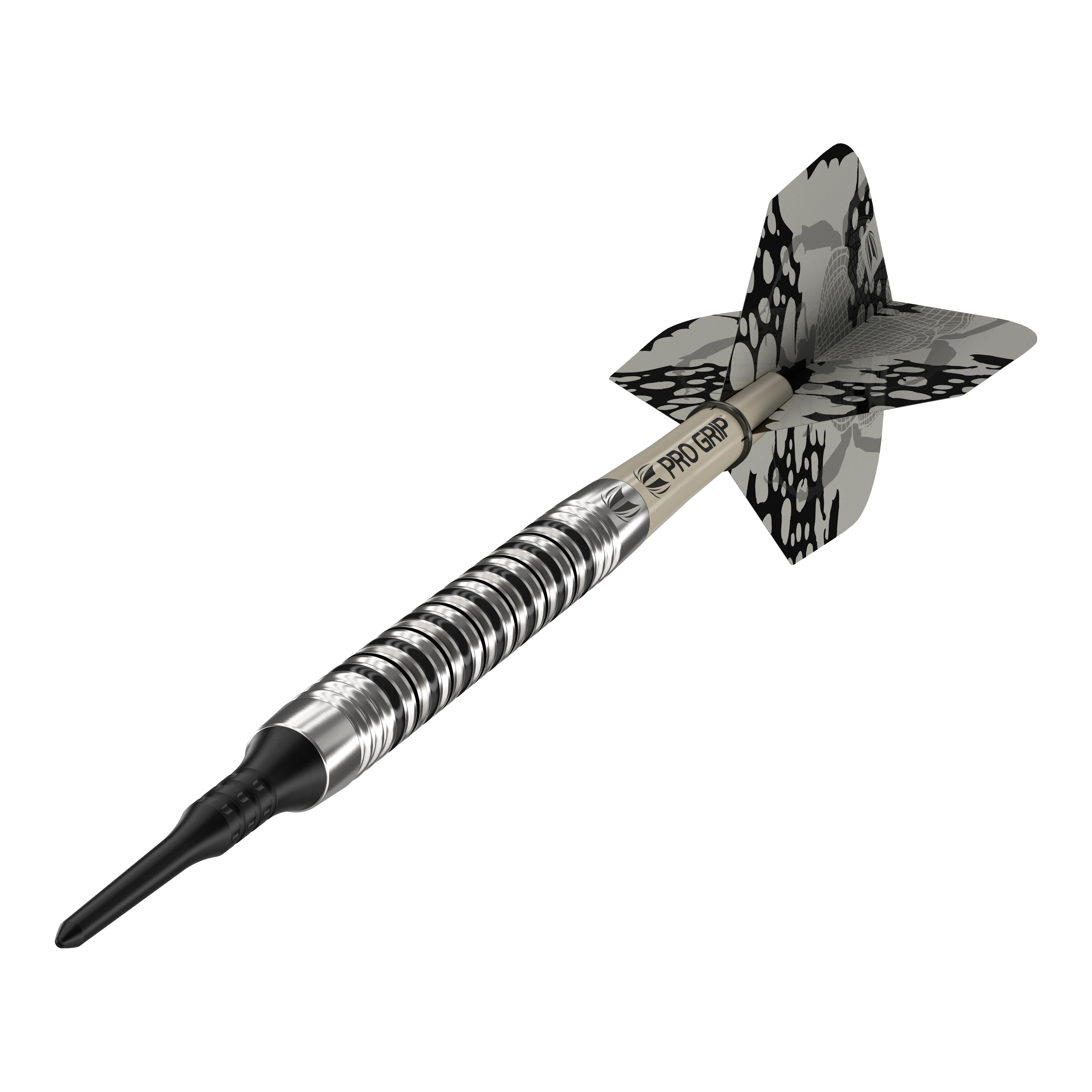 Target EXO 11 Soft Darts Das Bild zeigt den Softdart "Target EXO 11". Er hat ein silber-schwarzes Design mit einem gemusterten Flight und einem Pro Grip Schaft.