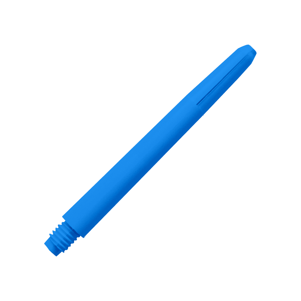 574_Nylon_Shafts_Blau_48mm_2 Das Bild zeigt einen blauen Nylon-Schaft. Der Schaft ist lang, glatt und hat ein Schraubgewinde an einem Ende.