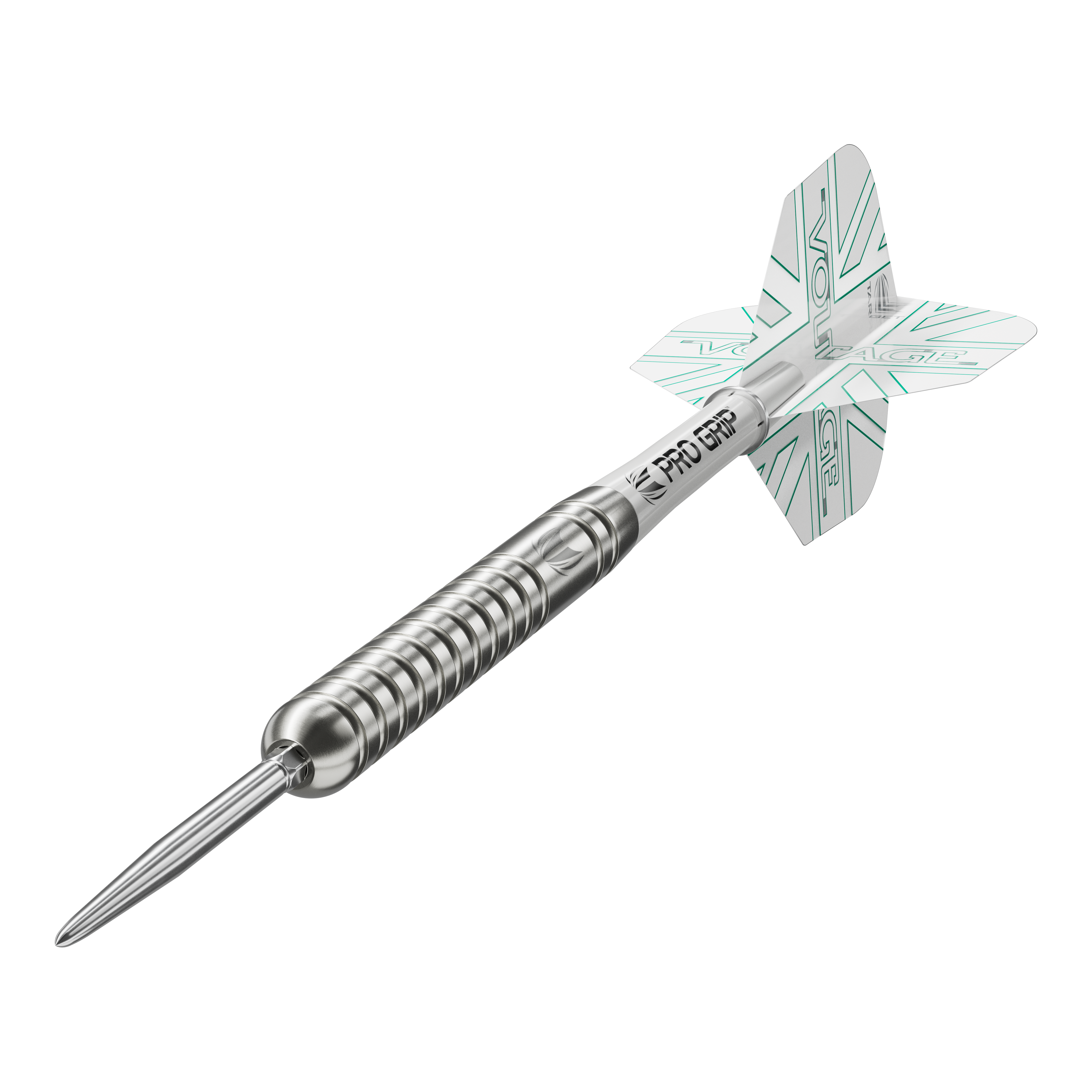 Target Rob Cross Voltage Swiss Point Steel Darts Das Bild zeigt einen Target Rob Cross Voltage Swiss Point Steeldart. Der Dartpfeil ist silbern und hat weiße Flights mit grünen Akzenten.