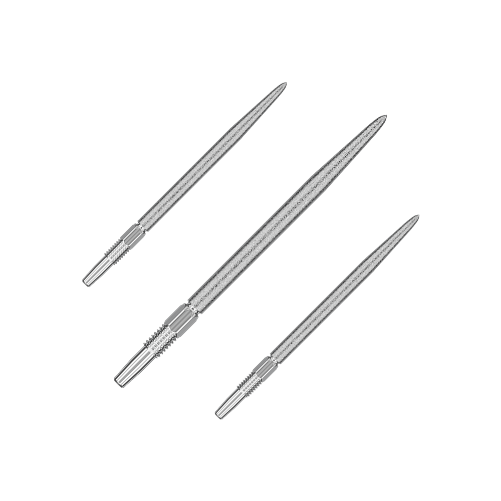 Target Swiss Point SLK dart tips - silver Das Bild zeigt drei silberne Dartspitzen, die nebeneinander angeordnet sind. Sie haben eine spitze Form und sind aus Metall gefertigt.