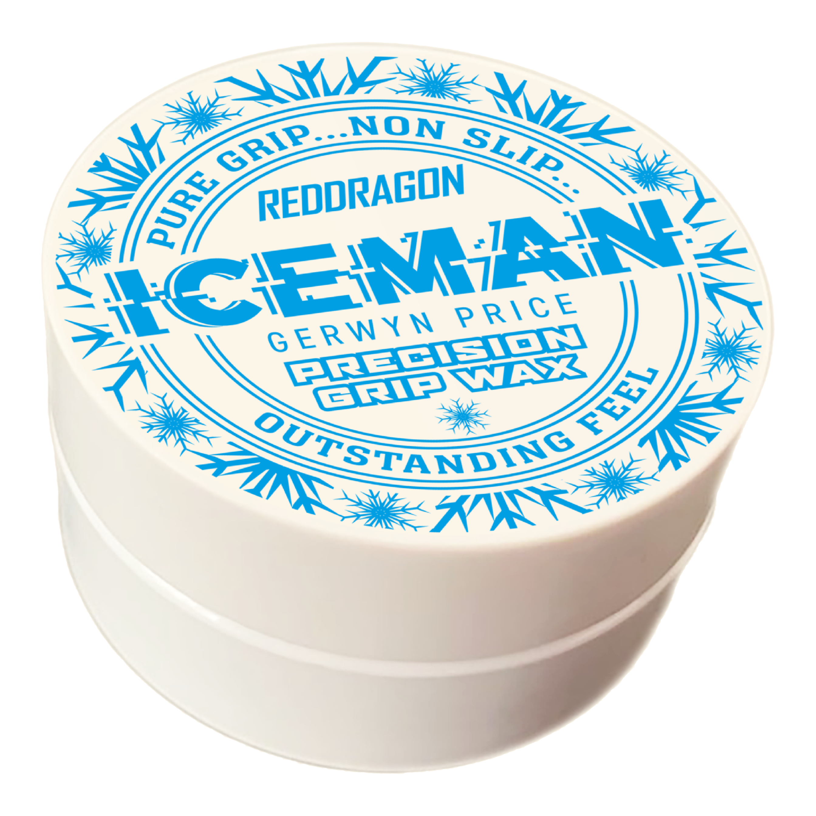 Red Dragon Gerwyn Price Iceman Precision Grip Wax finger wax Das Bild zeigt eine weiße Dose mit der Aufschrift „Red Dragon Gerwyn Price Iceman Precision Grip Wax“. Auf dem Deckel sind blaue Schneeflocken und Werbeslogans wie „Pure Grip… Non Slip… Outstanding Feel“ abgebildet.