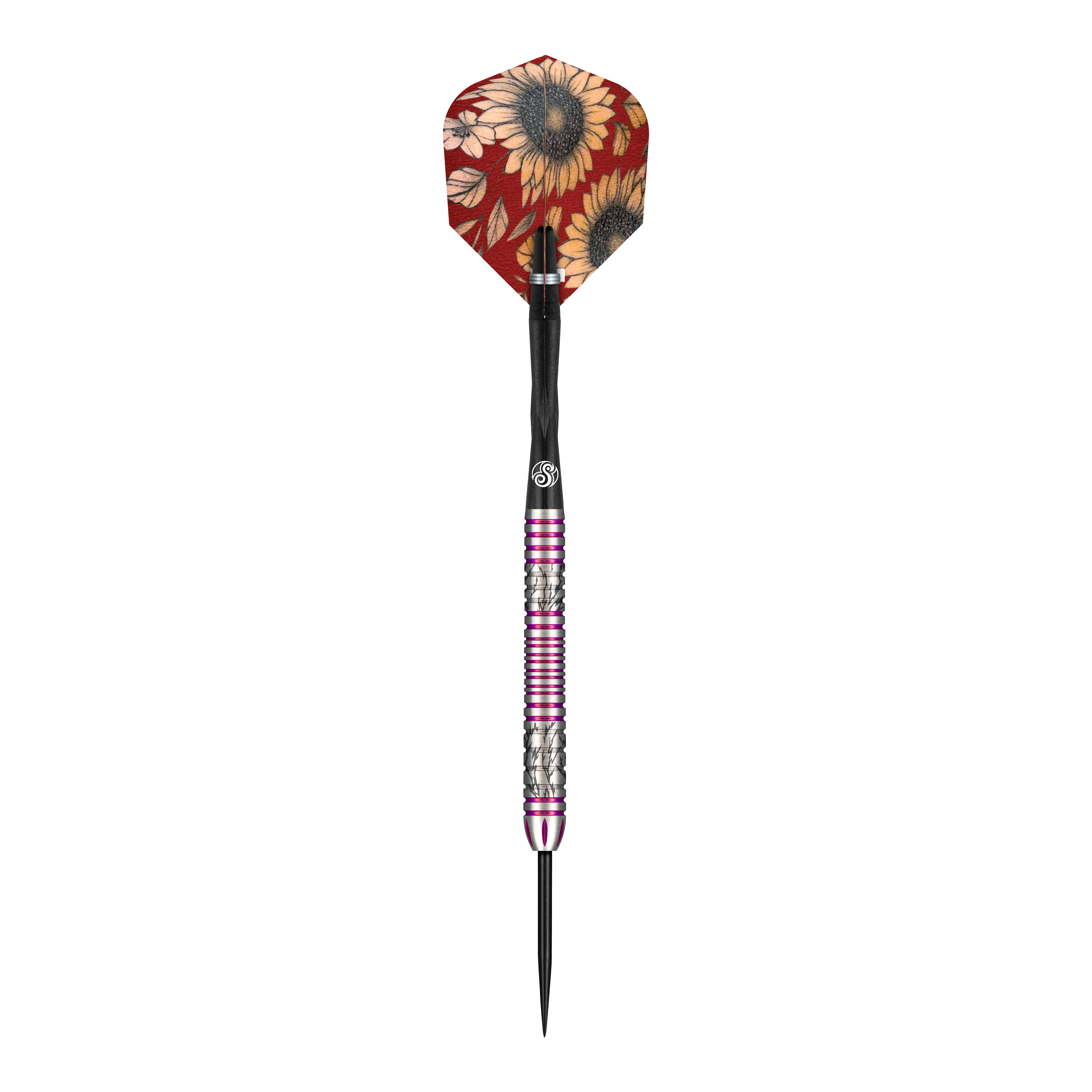 Das Bild zeigt einen Steeldartpfeil der Marke Shot Pro Series Barora Hospodarska mit einem Gewicht von 23 Gramm. Der Dartpfeil hat eine bunte Flights mit Sonnenblumenmuster und einen silbernen Schaft mit pinkfarbenen Ringen.