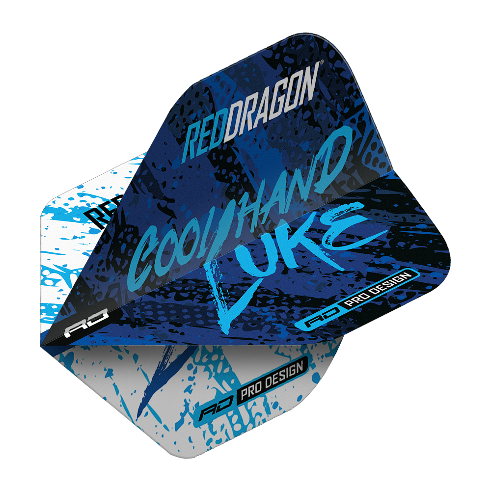 Das Bild zeigt ein Dart-Flight im Design "Red Dragon Luke Humphries World Champion Blue White Yin Yang Standard Flights". Auf dem Flight stehen die Worte "Cool Hand Luke" in blauer Schrift auf einem blau-weißen Hintergrund.