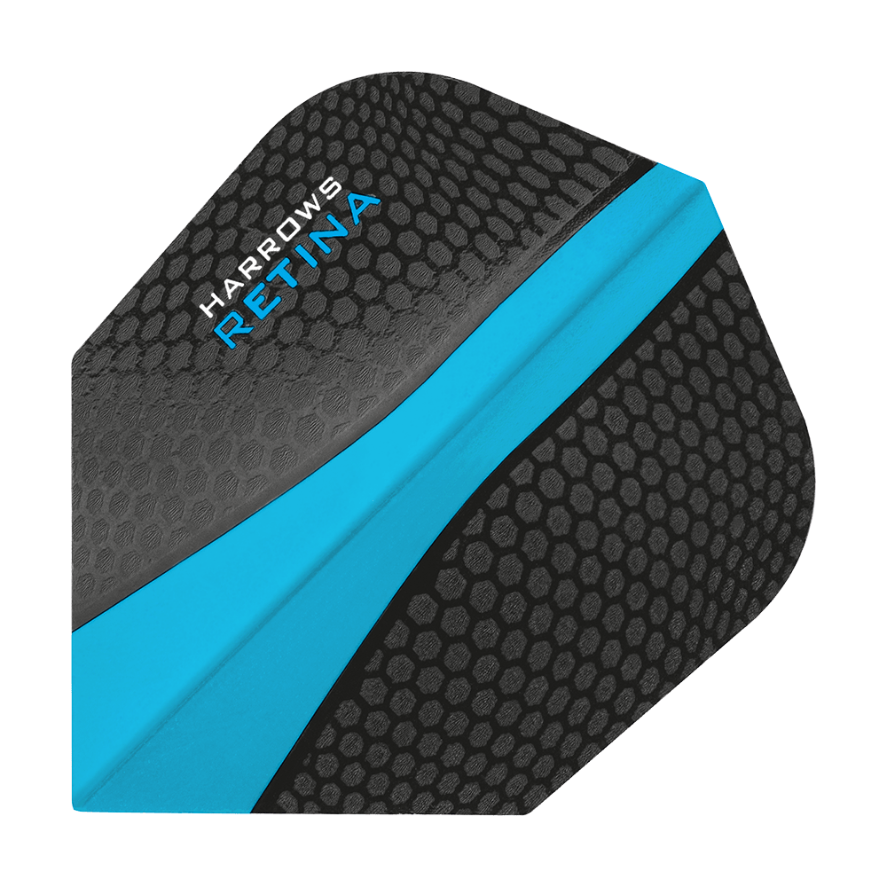 HR5512_Harrows_Retina_Hellblau_No2_Standard_Flights_1 Das Bild zeigt ein Harrows Retina Aqua No6 Dartflight. Das Flight ist schwarz mit einem blauen Streifen und einer wabenartigen Struktur.