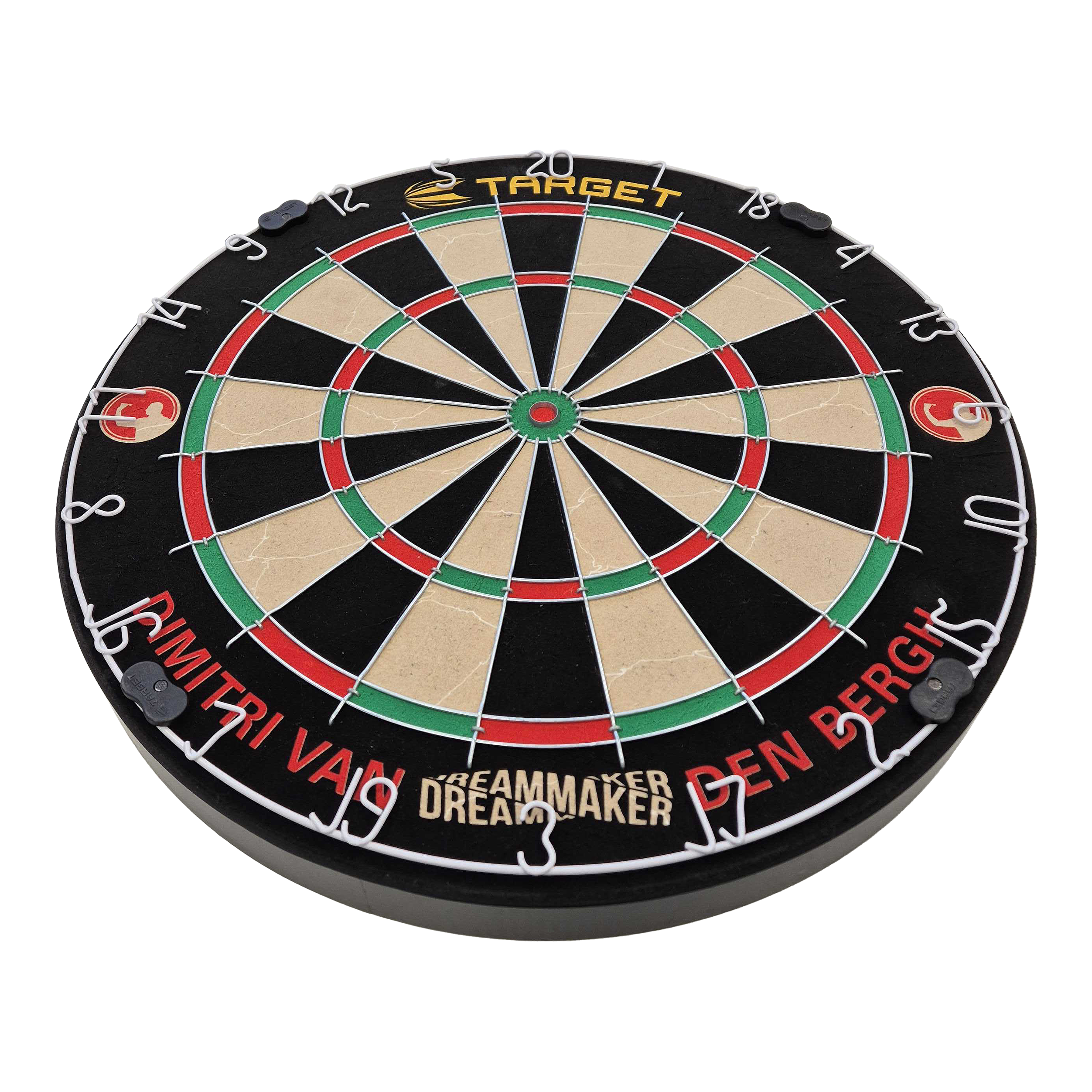 Target Dimitri Van Den Bergh steel dartboard set Das Bild zeigt eine Steeldart-Scheibe mit farbigen Feldern und Metallabtrennungen. Am Rand steht der Name "Dimitri Van Den Bergh" sowie der Schriftzug "Dreammaker".