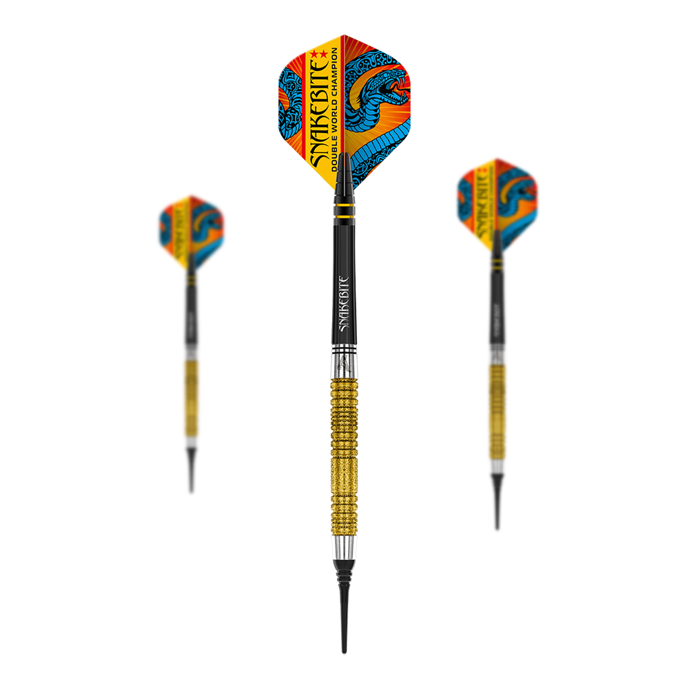 Red Dragon Peter Wright Double World Champion SE Gold Plus Softdarts - 20g Das Bild zeigt drei Softdarts mit goldfarbenem Griff und auffälligen Flights im Drachen-Design. Auf den Flights steht „Snakebite Double World Champion“.