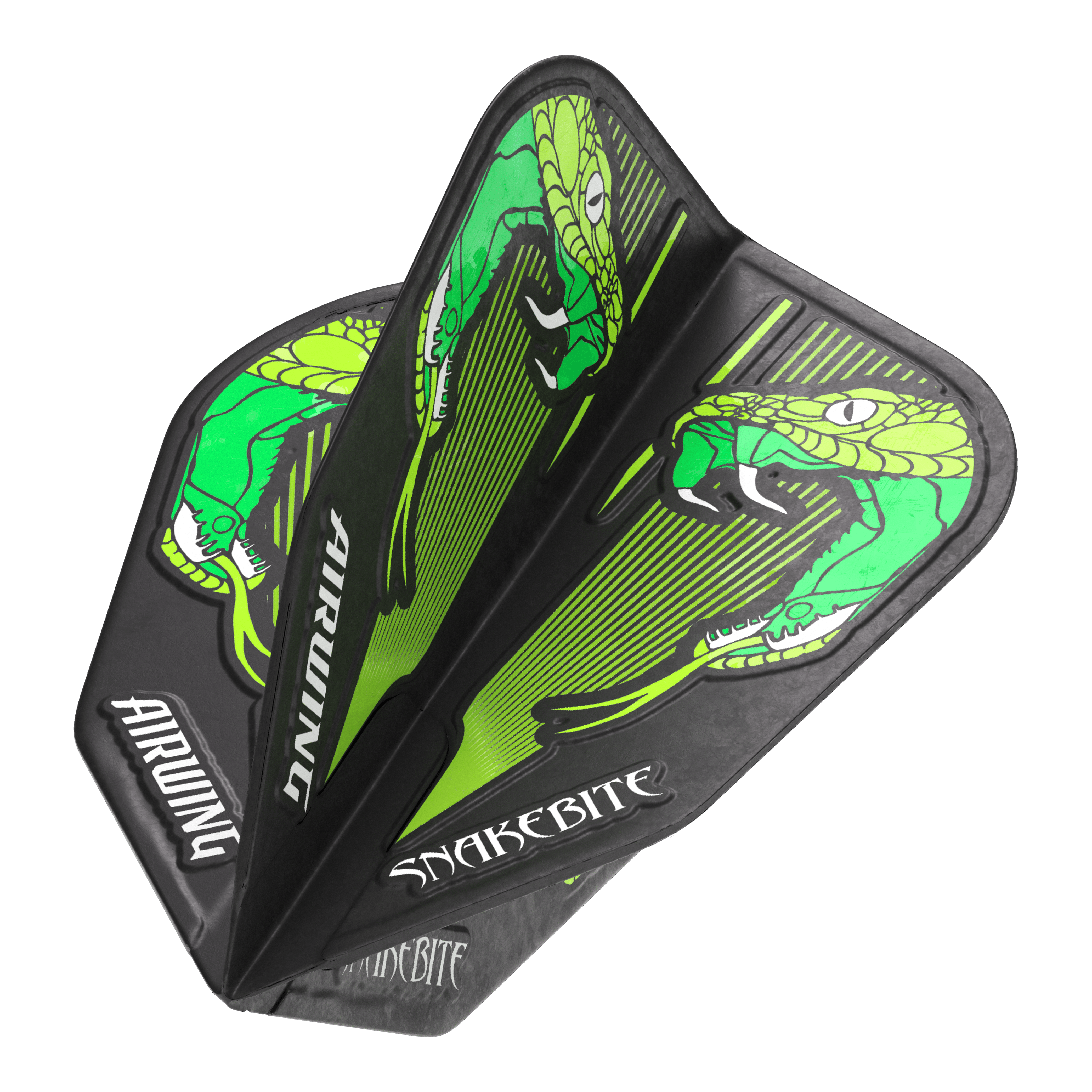 Red Dragon Airwing Peter Wright Green V-Standard Flights Das Bild zeigt die "Red Dragon Airwing Peter Wright Green V-Standard Flights" mit einem grünen Schlangenmuster. Auf den Flights stehen die Wörter "Airwing" und "Snakebite".