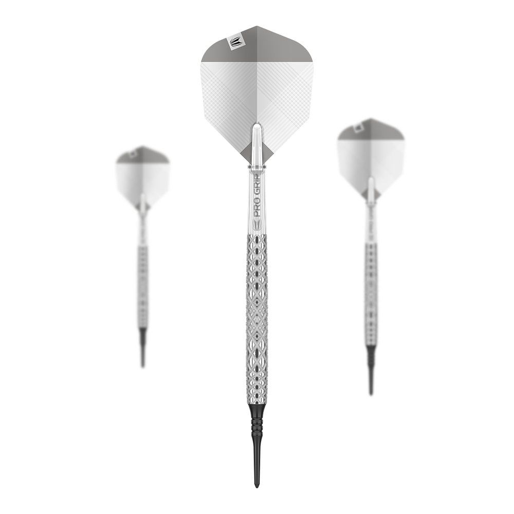 Target Nastri 10 Softdarts Das Bild zeigt drei silberne Softdarts der Marke "Target Nastri 10". Die Darts haben schwarze Spitzen und einen verzierten Schaft.