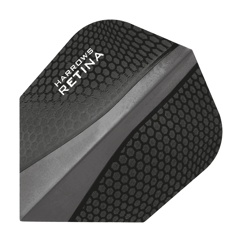 HR67_Harrows_Retina_Schwarz_No2_Standard_Flights_1 Das Bild zeigt einen schwarzen Dartflight mit dem Aufdruck "Harrows Retina". Das Design besteht aus einem Wabenmuster und einem glänzenden Streifen in der Mitte.