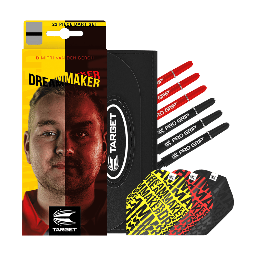 170007_Target_Dimitri_Van_Den_Bergh_Brass_Steeldarts_3ueF4orYEKe0WF Das Bild zeigt das Produkt "Target Dimitri Van Den Bergh Brass Steeldarts - 22g" mit farbenfroher Verpackung und Zubehör. Enthalten sind mehrere Dartschäfte und Flights in verschiedenen Farben sowie ein Etui.