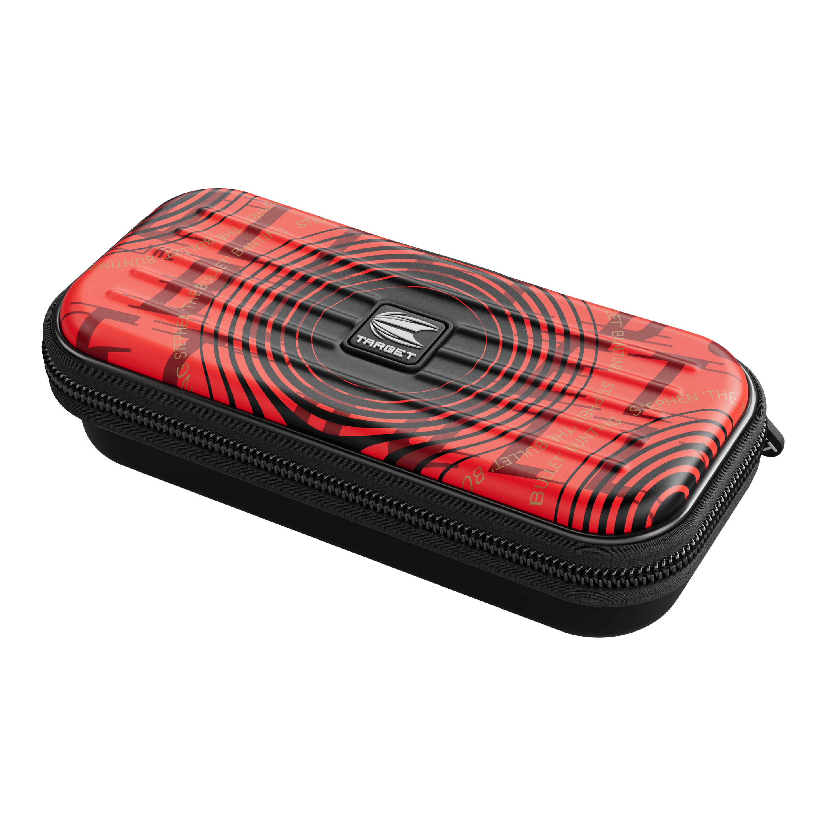 Target Takoma Stephen Bunting dart case Das Bild zeigt das Produkt "Target Takoma Stephen Bunting Dartcase". Das Etui ist rot mit schwarzen Kreisen und hat einen Reißverschluss.
