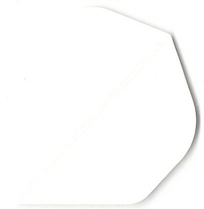 pr3 Das Bild zeigt ein weißes, sechseckiges Poly-Plain Flights PR3 Dartflight. Es hat eine schlichte, unbedruckte Oberfläche.