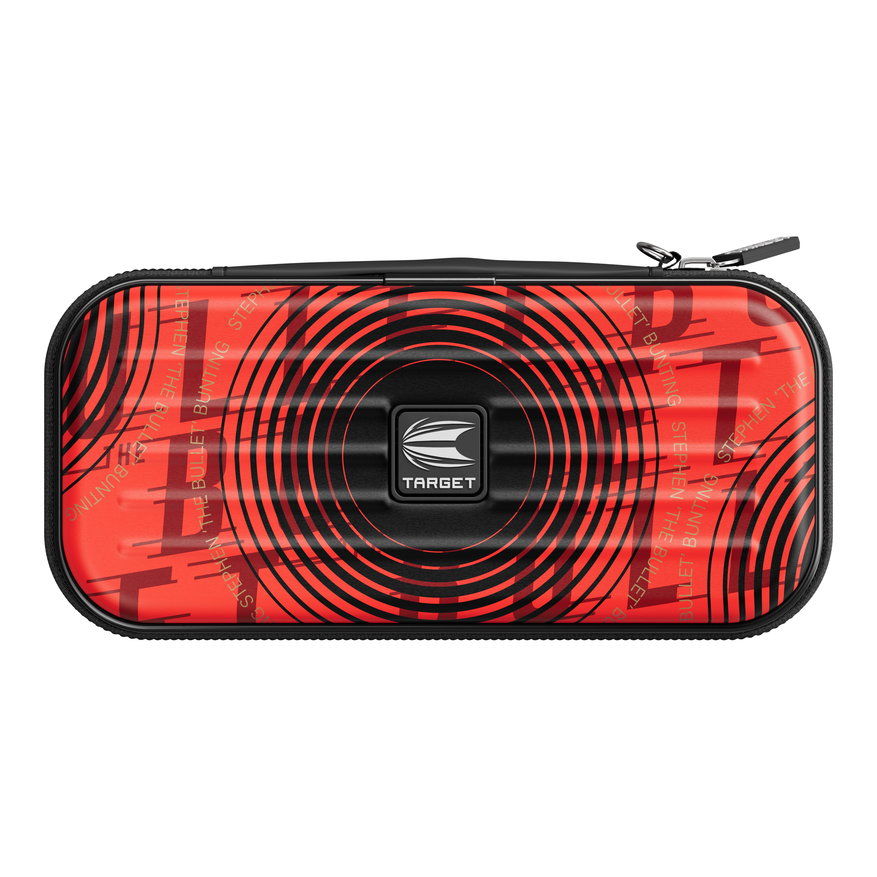 Target Takoma Stephen Bunting dart case Das Bild zeigt das Target Takoma Stephen Bunting Dartcase in einem auffälligen roten Design mit schwarzen Kreisen. In der Mitte befindet sich das Target-Logo und das Etui hat einen Reißverschluss.
