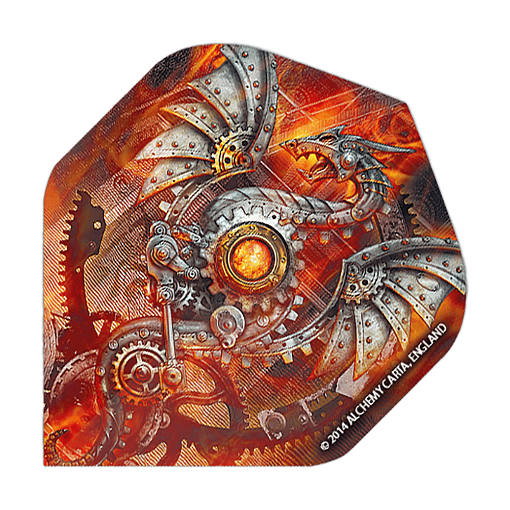 Alchemy Tech Dragon No2 Standard Flights Das Bild zeigt ein Dartflight mit einem mechanischen Drachen-Design in Steampunk-Optik. Die Farben sind überwiegend orange und silber, mit vielen Zahnrädern und Metallstrukturen.