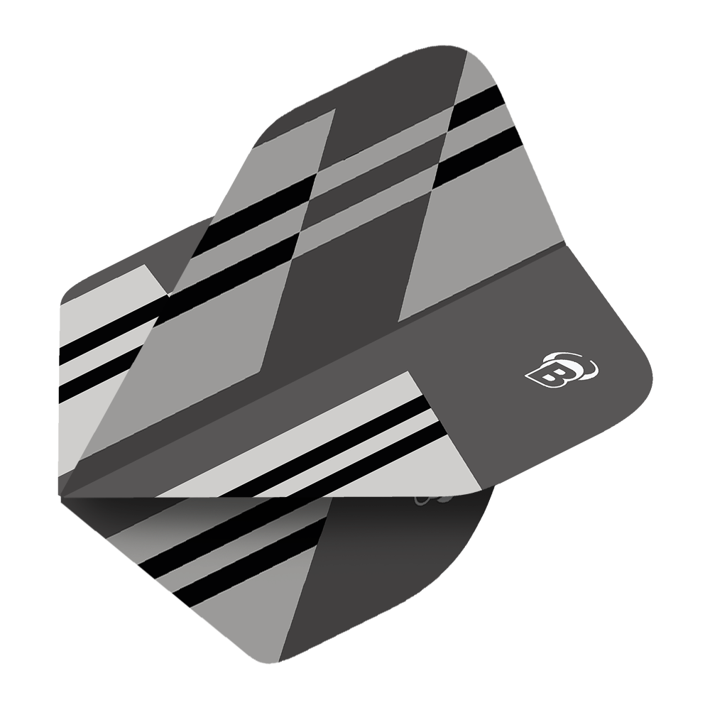 Bulls B-Star Tac No2 Standard Flights Das Bild zeigt ein Dart-Flight mit dem Namen 'Bulls B-Star Tac No2 Standard Flights'. Das Flight hat ein graues Design mit schwarzen und weißen Streifen sowie einem kleinen Bulls-Logo.