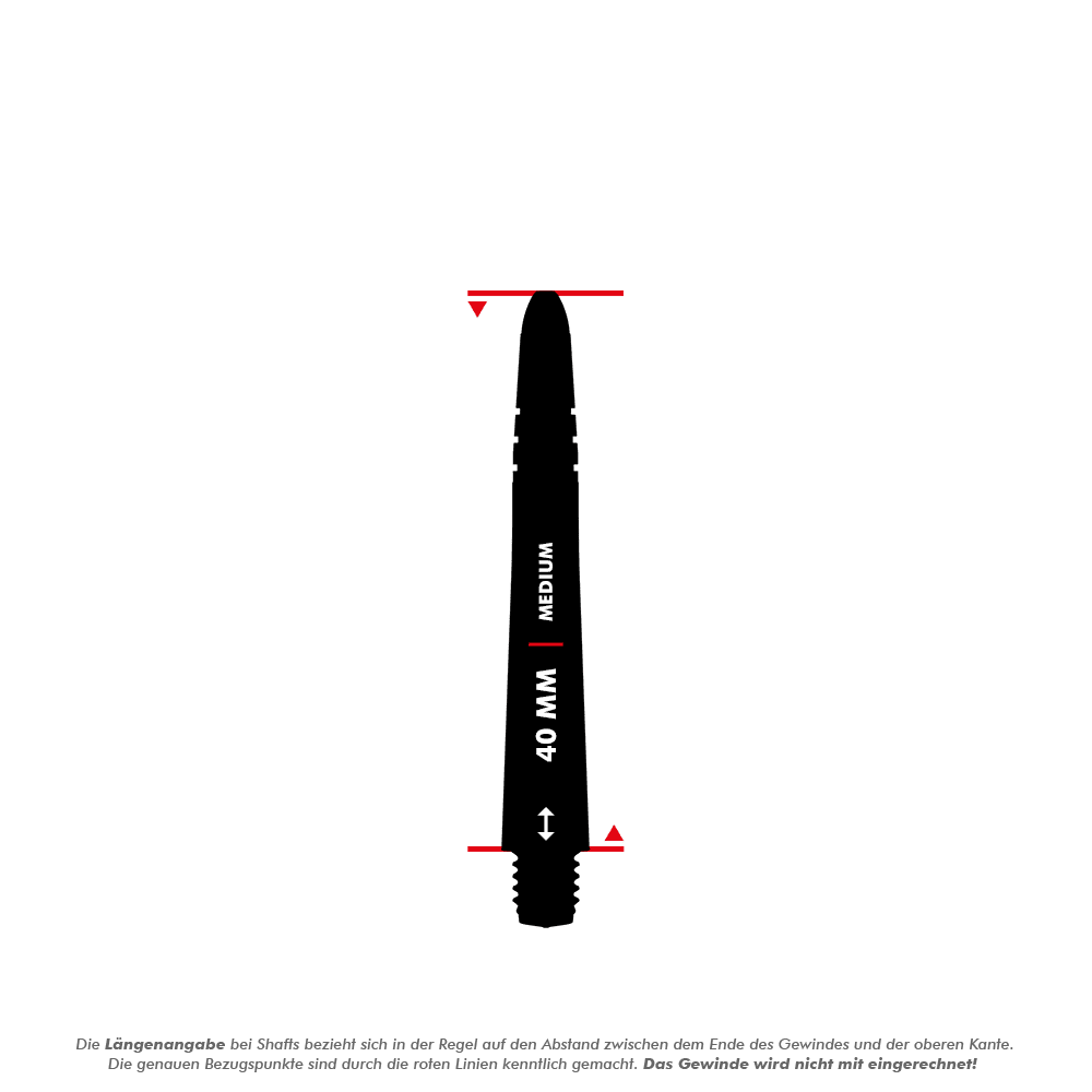 7025_Winmau_Vecta_Shafts_5_40mm-Kopie Das Bild zeigt einen schwarzen Dart-Schaft mit der Aufschrift "40 MM | MEDIUM". Der Abstand zwischen den roten Linien markiert die Länge des Schafts, das Gewinde wird dabei nicht mitgerechnet.