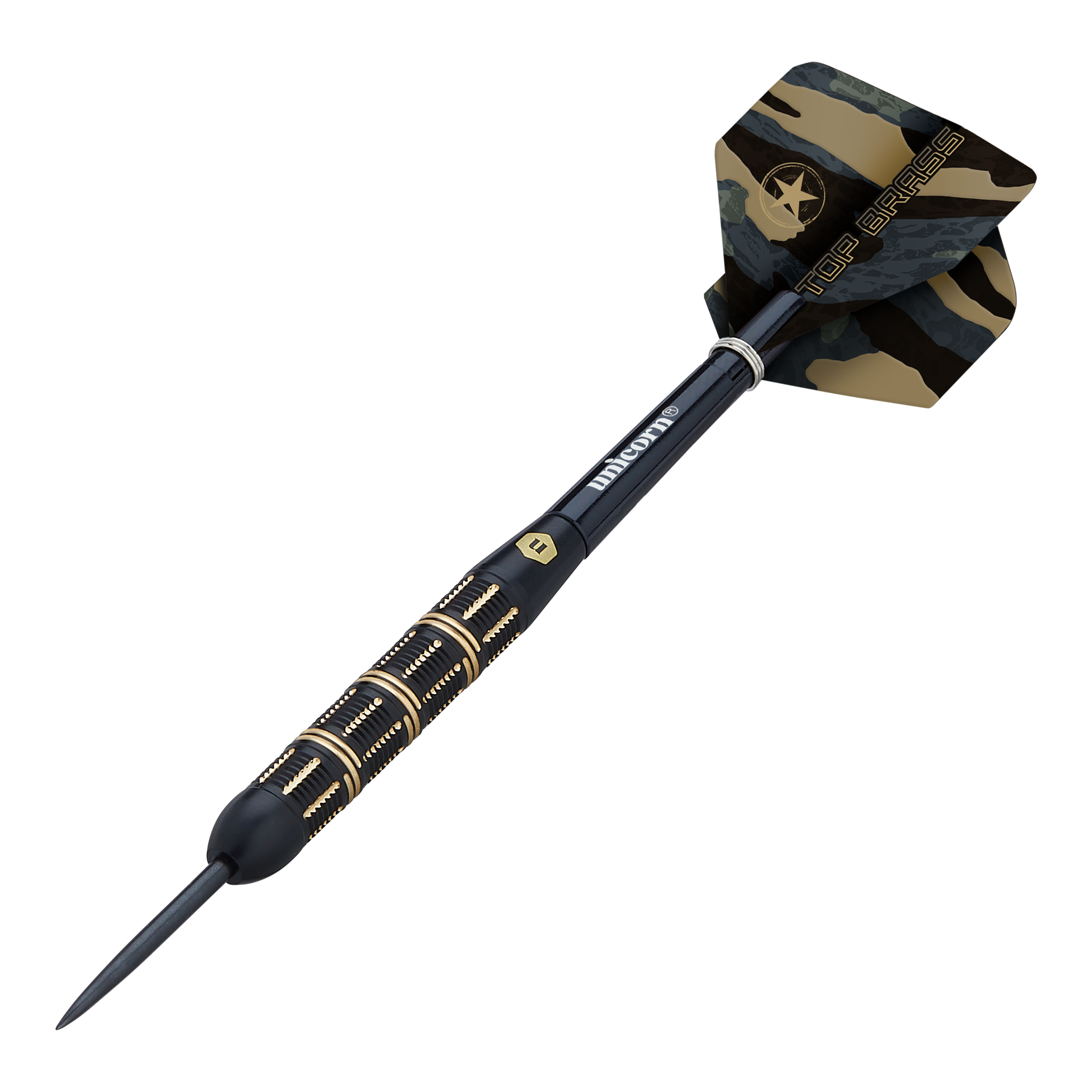 Unicorn Top Brass V3 Steeldarts - 21g Dies ist ein Steeldart der Marke Unicorn, Modell Top Brass V3 mit einem Gewicht von 21 Gramm. Der Dart hat ein schwarz-goldenes Design mit einer Tarnmuster-Flügel.