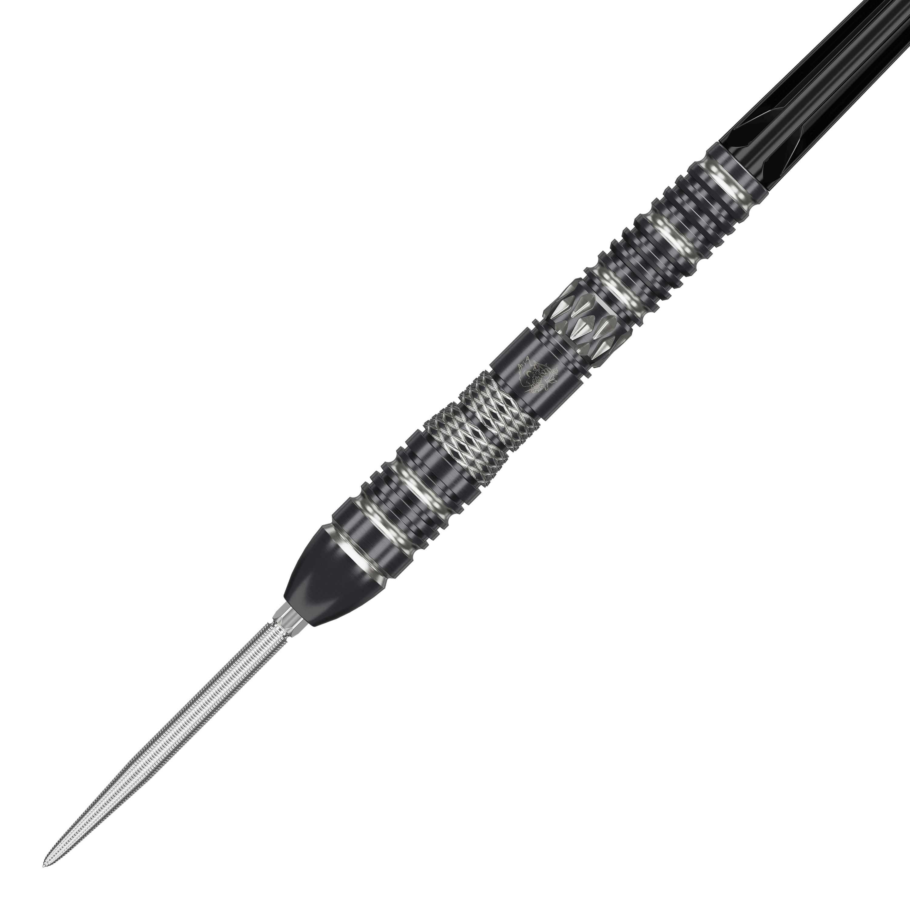 Target Black Marque Dragon 3 Swiss Point Steeldarts Das Bild zeigt einen hochwertigen Steeldart mit schwarzem und silbernem Design. Der Dart hat eine markante, strukturierte Griffzone und eine spitze Metallspitze.