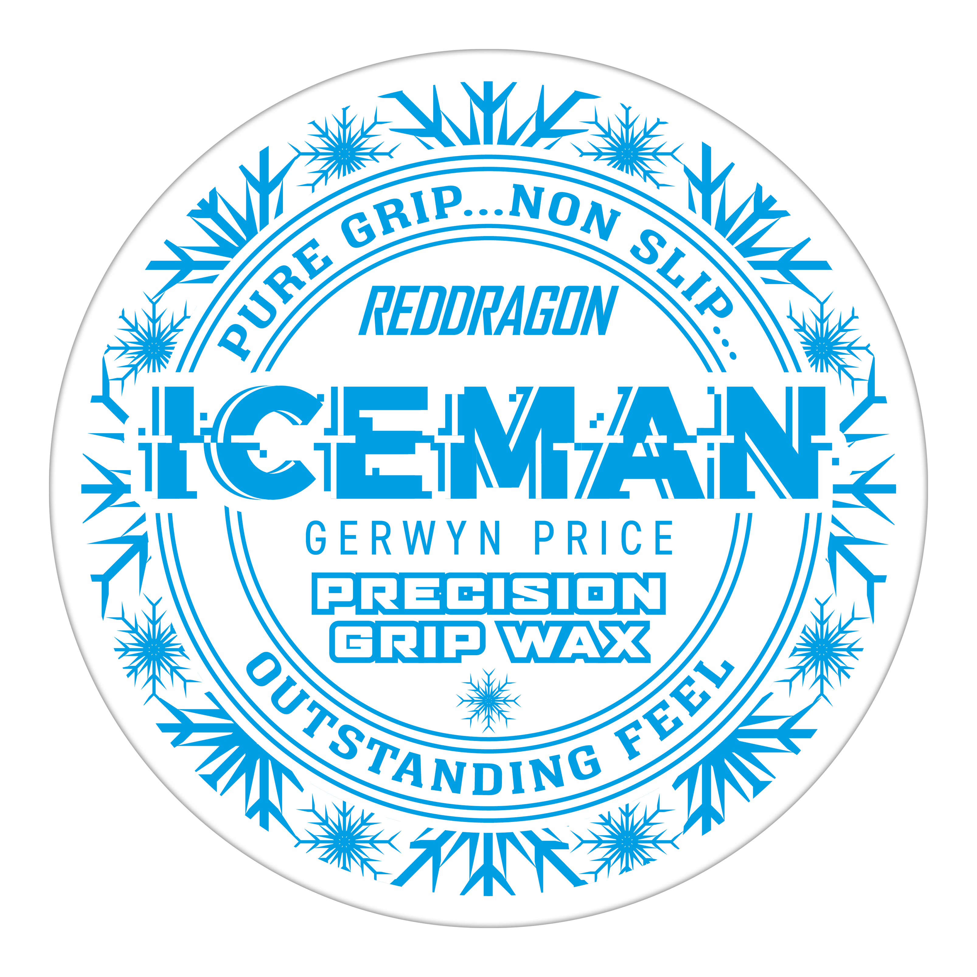 Red Dragon Gerwyn Price Iceman Precision Grip Wax finger wax Das Bild zeigt eine runde Dose des Produkts "Red Dragon Gerwyn Price Iceman Precision Grip Wax". Auf der Dose steht in blauer Schrift, dass das Wachs für einen reinen und rutschfesten Griff sowie ein herausragendes Gefühl sorgt.