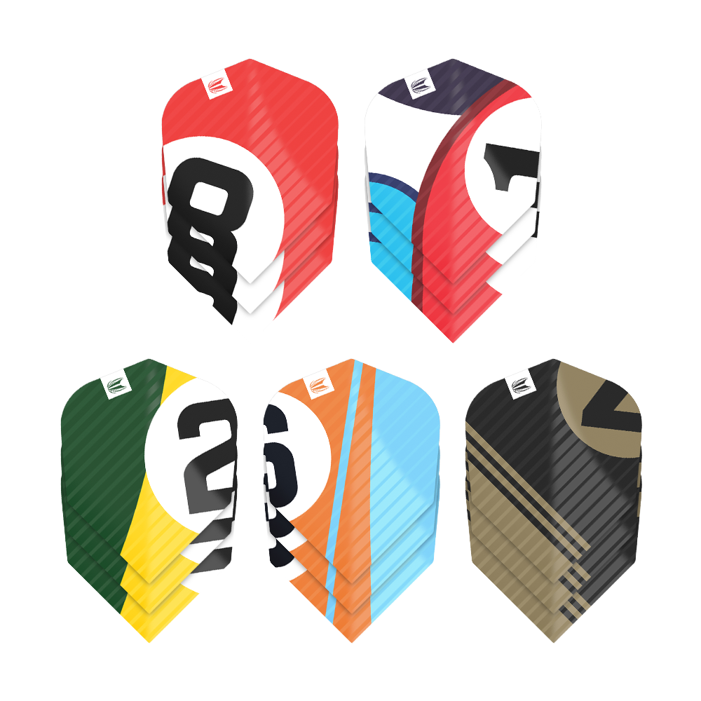 337205_Target_ProUltra_5Sets_Multipack_Chicane_No6_Flights_1 Das Bild zeigt fünf verschiedene Sets von Dart-Flights, jeweils in bunten Farben und mit auffälligen Zahlen bedruckt. Es handelt sich um das Produkt "Target Pro Ultra Chicane Multipack No6 Flights - 5 Sets".