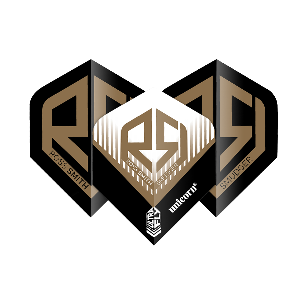 Das Bild zeigt die "Unicorn Ultrafly 100 Ross Smith Plus Flights" mit einem markanten goldenen RS-Logo auf schwarzem Hintergrund. Auf den Flights stehen die Namen "Ross Smith" und "Smudger" sowie das Unicorn-Logo.