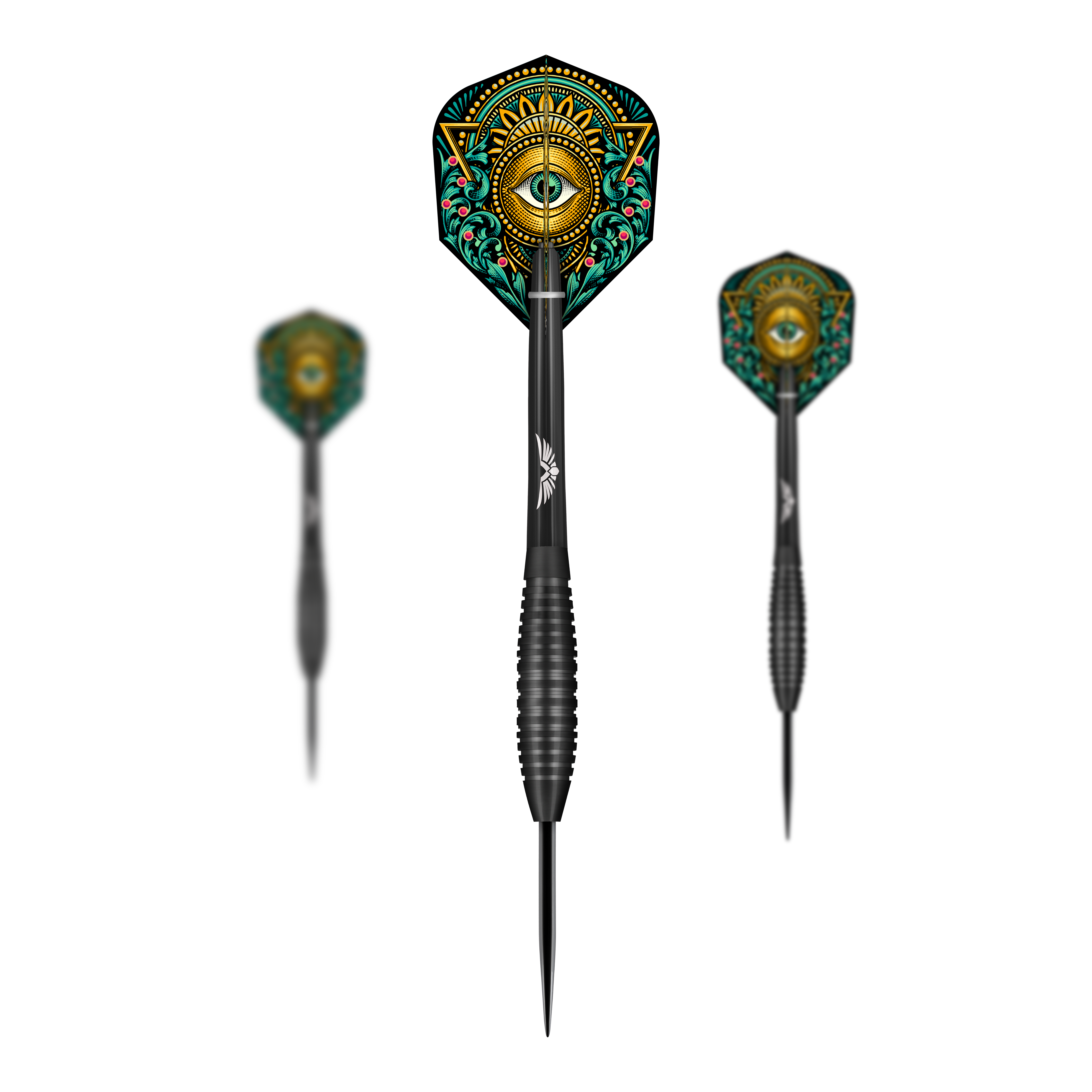 Shot ZEN Kensho Steeldarts Das Bild zeigt drei Steeldarts der Marke Shot ZEN Kensho. Die Dartflights sind mit einem bunten, auffälligen Auge verziert.